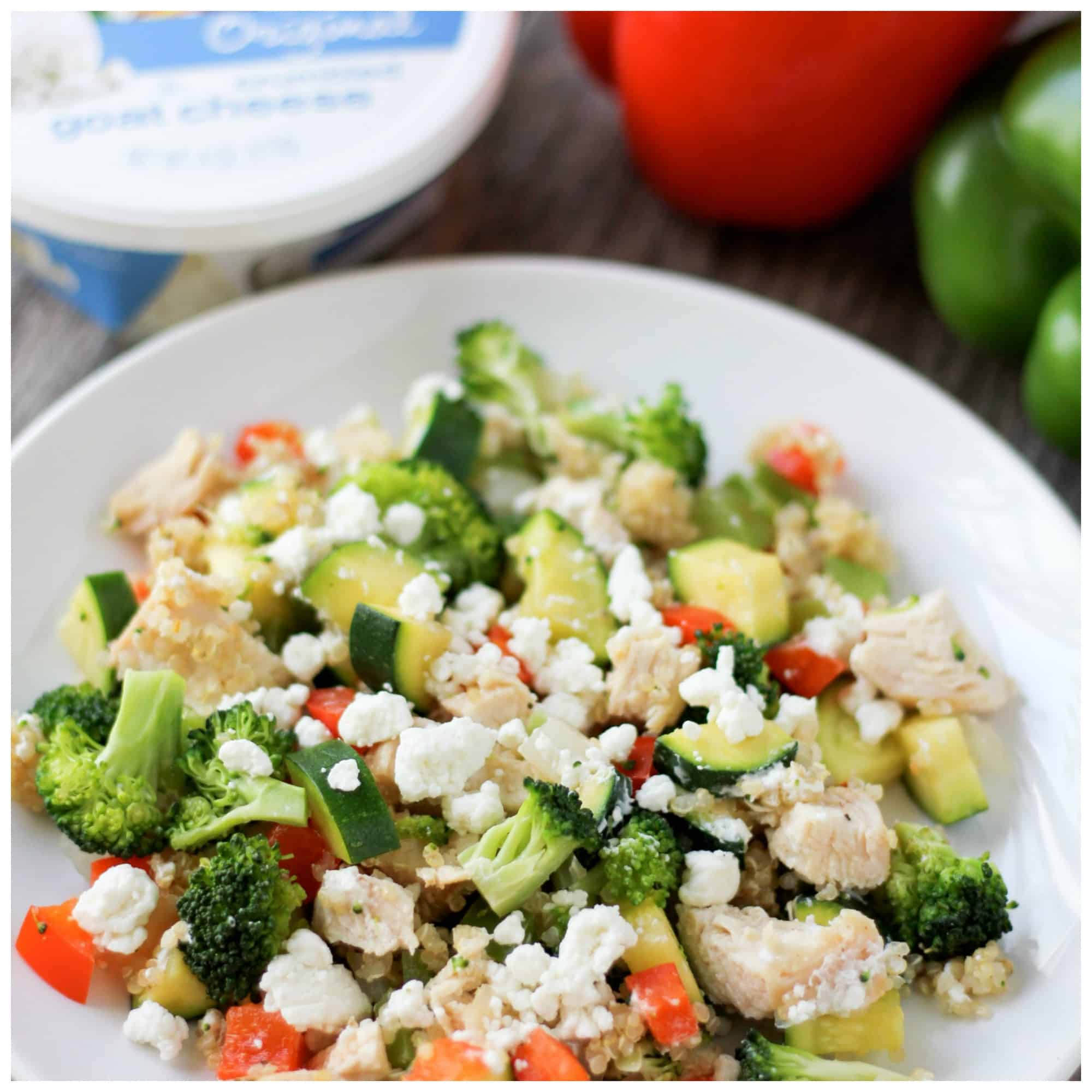 Quinoa Bowl with Grilled Chicken, Veggies, and Goat Cheese
